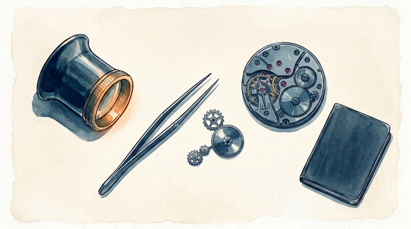 Établi d'horloger avec loupe, brucelles, engrenages et mouvement de montre, évoquant le savoir-faire bisontin en horlogerie et micromécanique