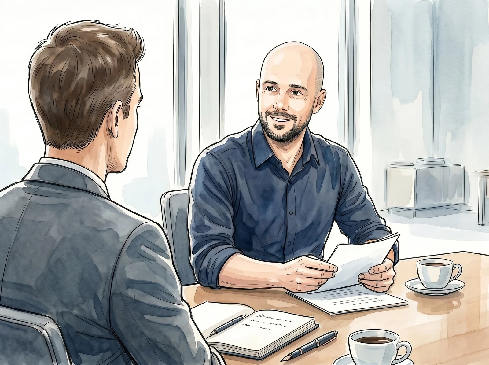 Dirigeant ADTC en conversation attentive avec un dirigeant client autour d'une table de réunion, dialogue d'égal à égal