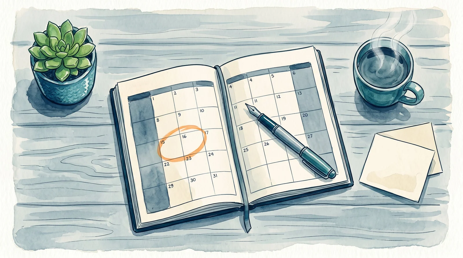 Agenda ouvert avec une date entourée et une invitation à échanger, ambiance feutrée