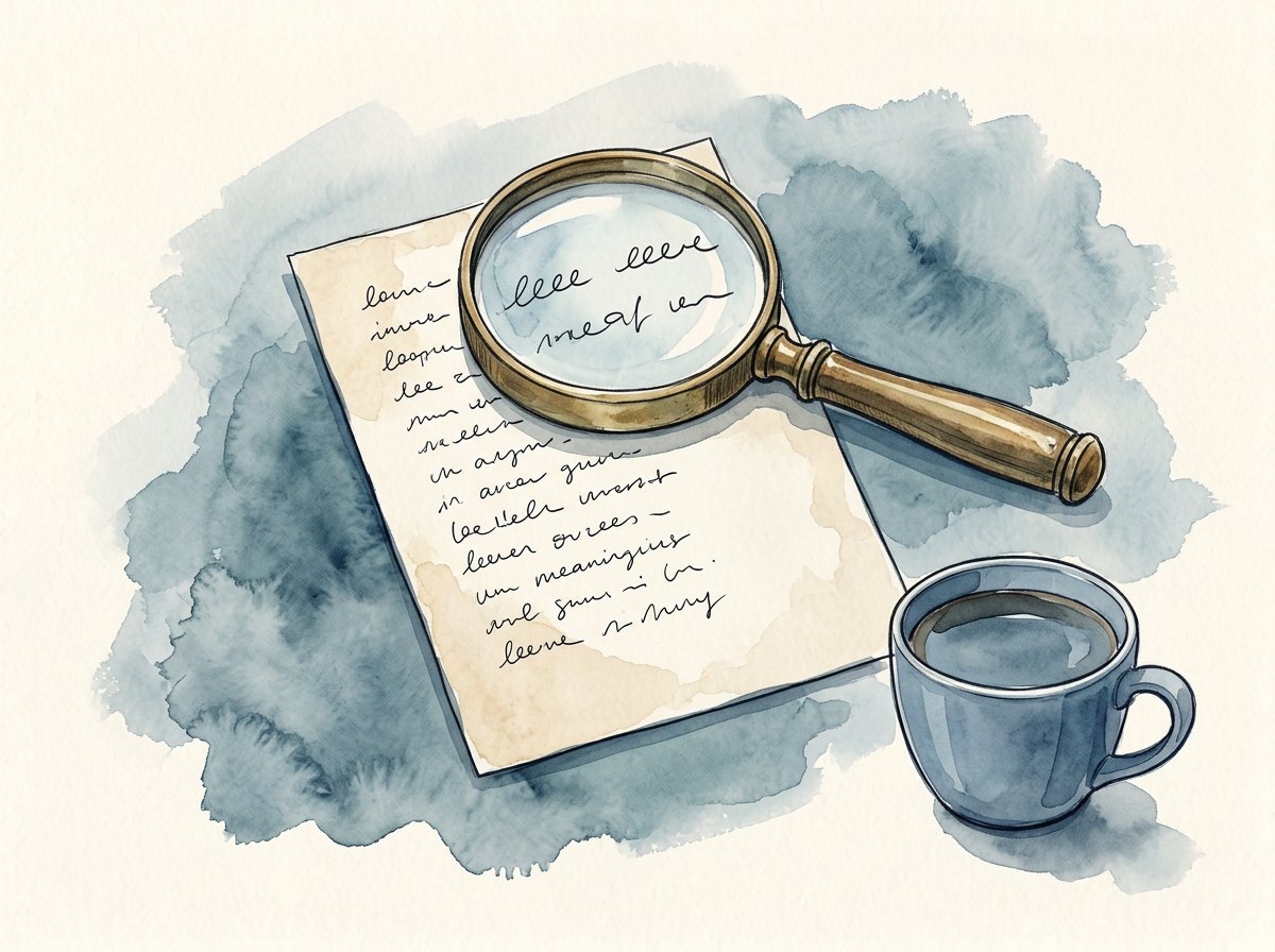 Une loupe posée sur une feuille portant une courte liste manuscrite : identifier les quelques informations qui font tourner l'entreprise.