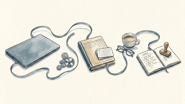 Les cinq ressources d'un système d'information illustrées à l'aquarelle : un ordinateur portable, des rouages, une tasse et des lunettes, un registre et des fiches, un carnet et un tampon, reliés par un ruban bleu.