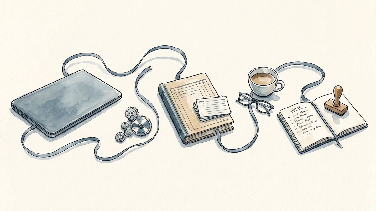 Les cinq ressources d'un système d'information illustrées à l'aquarelle : un ordinateur portable, des rouages, une tasse et des lunettes, un registre et des fiches, un carnet et un tampon, reliés par un ruban bleu.